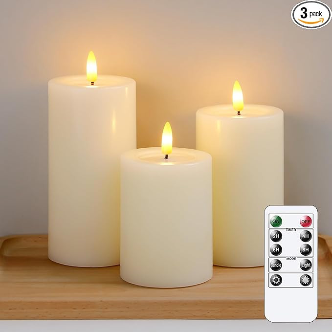 Remote Flameless Flickering Pillar Candles with Candle Grease Effect,Pack of 3 Ivory LED Battery ... | Amazon (US)