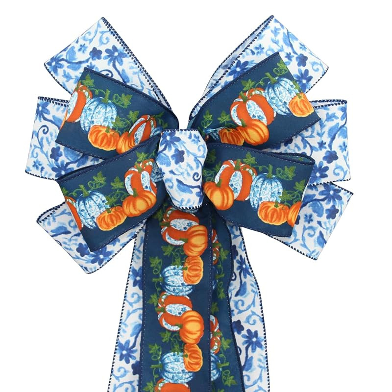 Blue Toile Pumpkins Plaid Fall Wreath Bow - Handcrafted by Package Perfect Bows | Amazon (US)