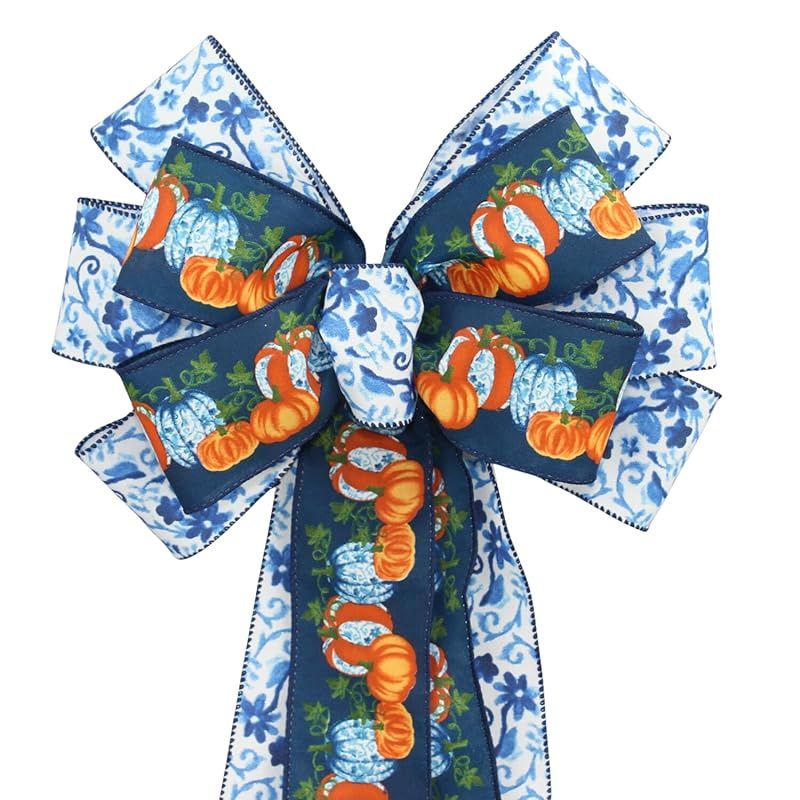 Blue Toile Pumpkins Plaid Fall Wreath Bow - Handcrafted by Package Perfect Bows | Amazon (US)