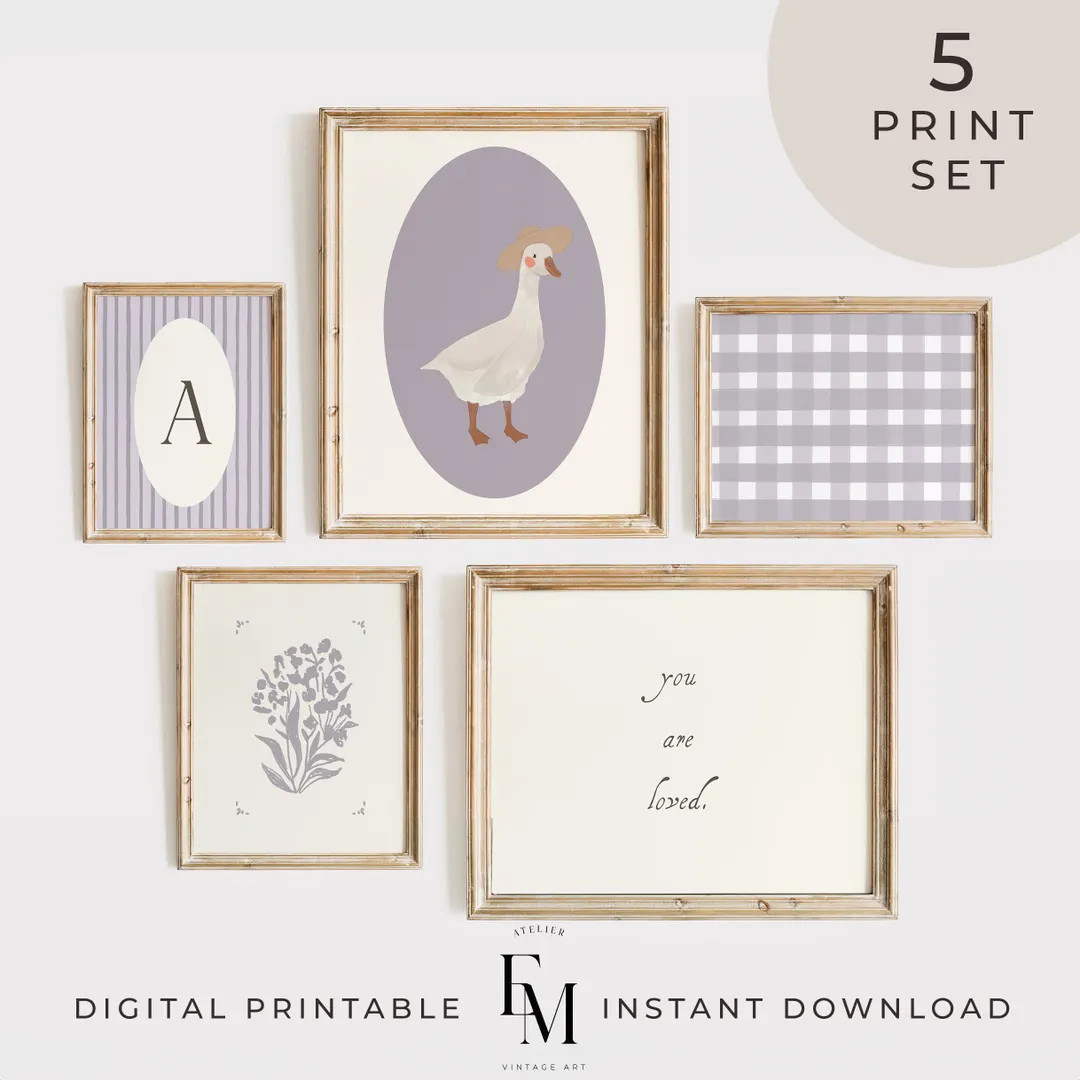 Lavender Silly Goose Gallery Wall Set Purple Girls Room Decor Initial Print Monogram Lilac Print ... | Etsy (US)