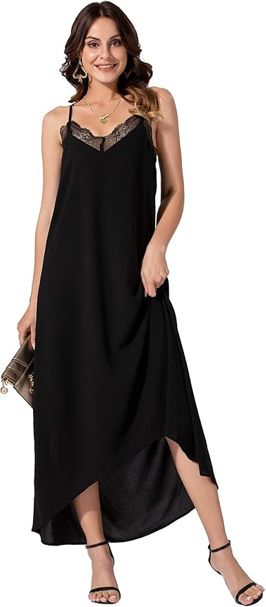 HARHAY Women's V Neck Lace Trim Adjustable Spaghetti Straps Sleeveless Long Sexy Backless Maxi Dr... | Amazon (US)