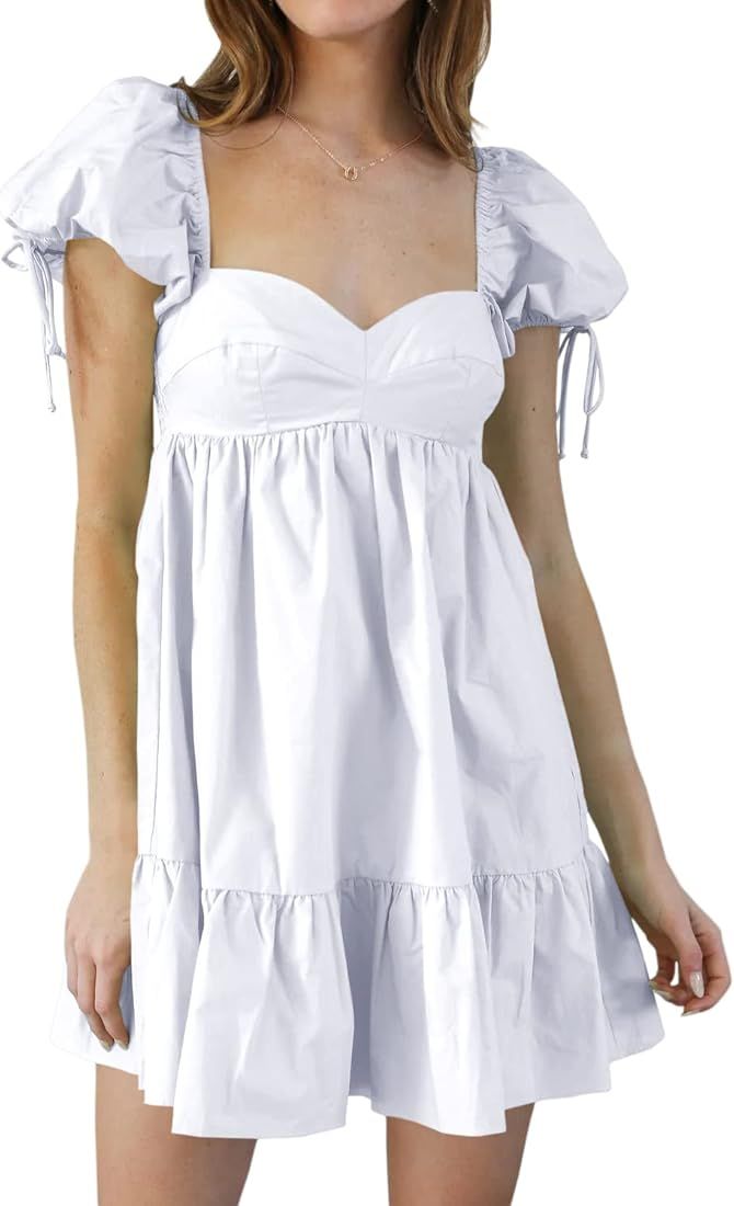 Danedvi Womens Summer Square Neck Dress Vintage Puff Sleeve A-line Short Ruffled Mini Dress | Amazon (US)