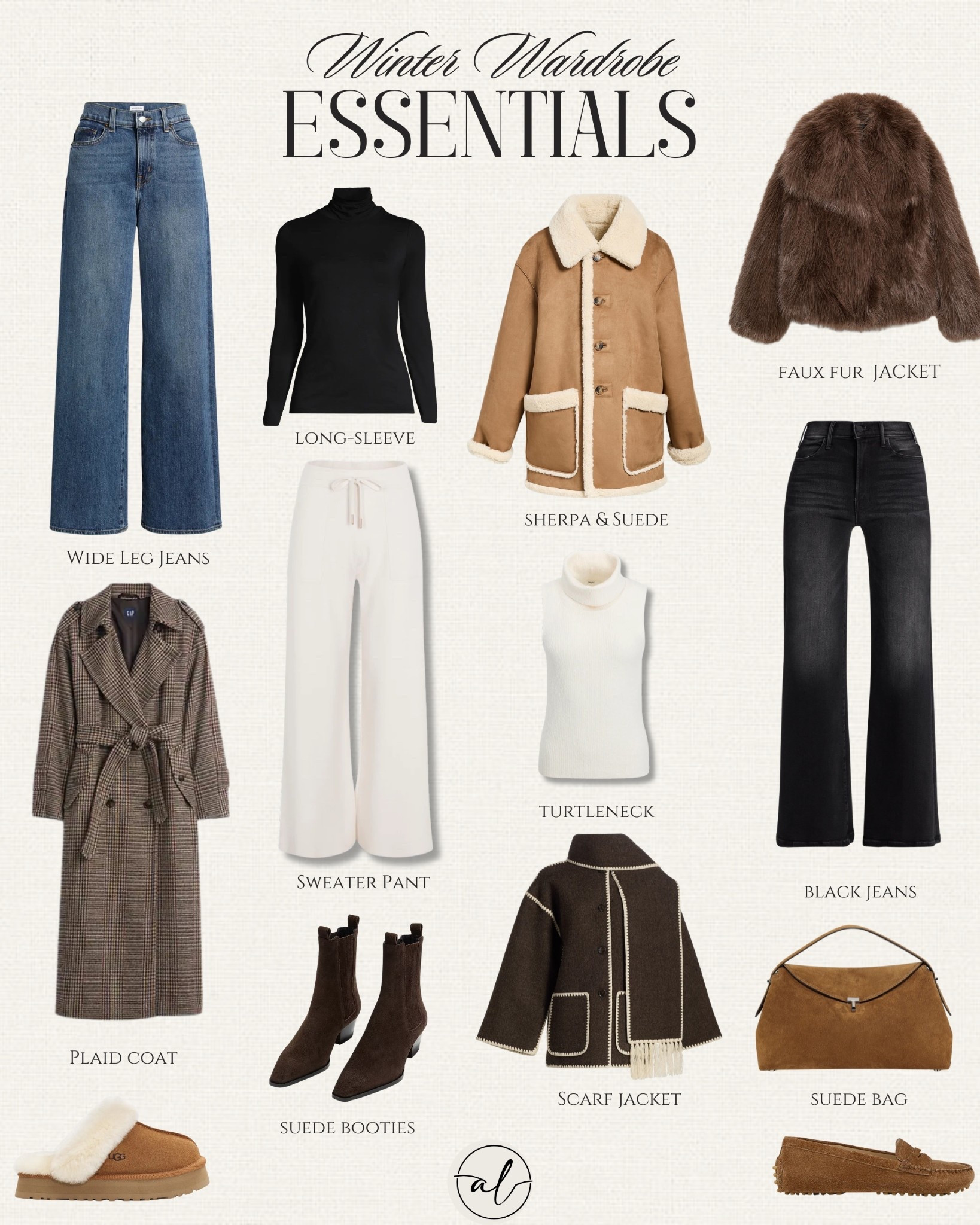 Winter wardrobe Essentials - wide leg jeans, long sleeve turtleneck, Sherpa/ suede jacket, faux fur jacket, plaid coat, sweater pant, suede booties, turtleneck tank, scarf jacket, black jeans, suede bag. 

#LTKSeasonal #LTKStyleTip #LTKU