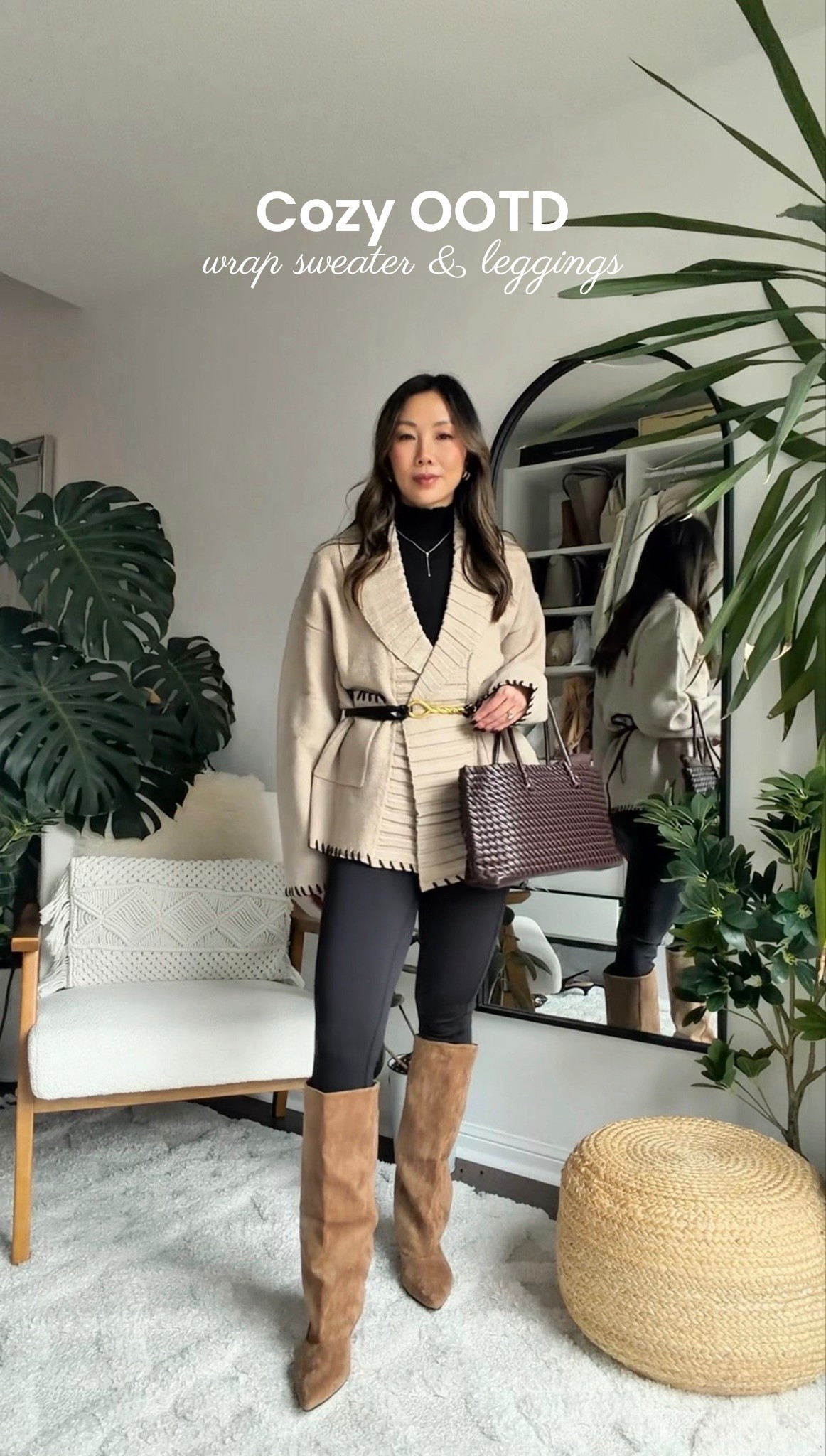 A wrap sweater instantly elevates a workwear look. Paired with boots, this outfit feels polished enough for meetings while still fitting easily into a fall workwear capsule.