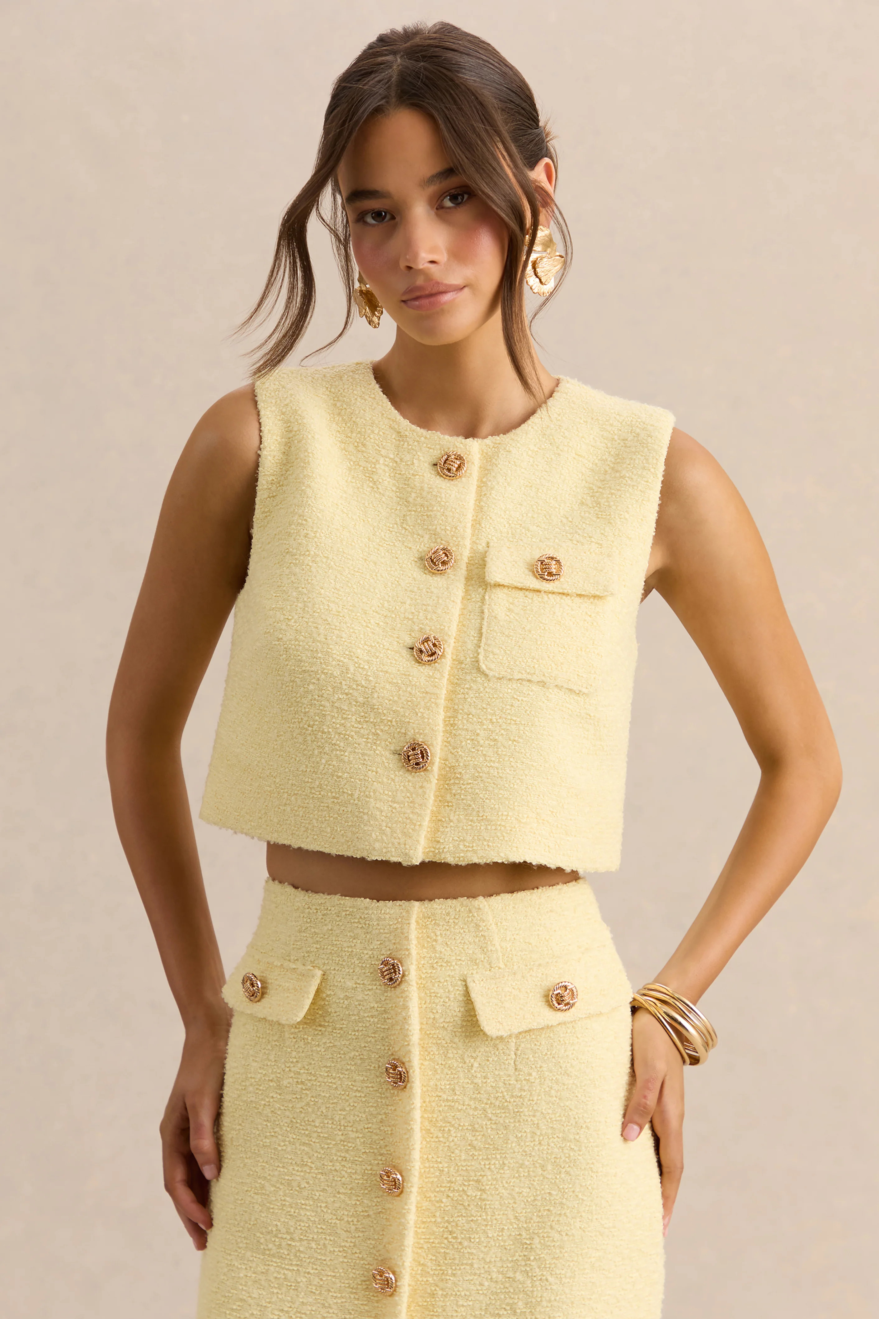 Emara | Lemon Round-Neck Top With Button-Detailing | Club L London