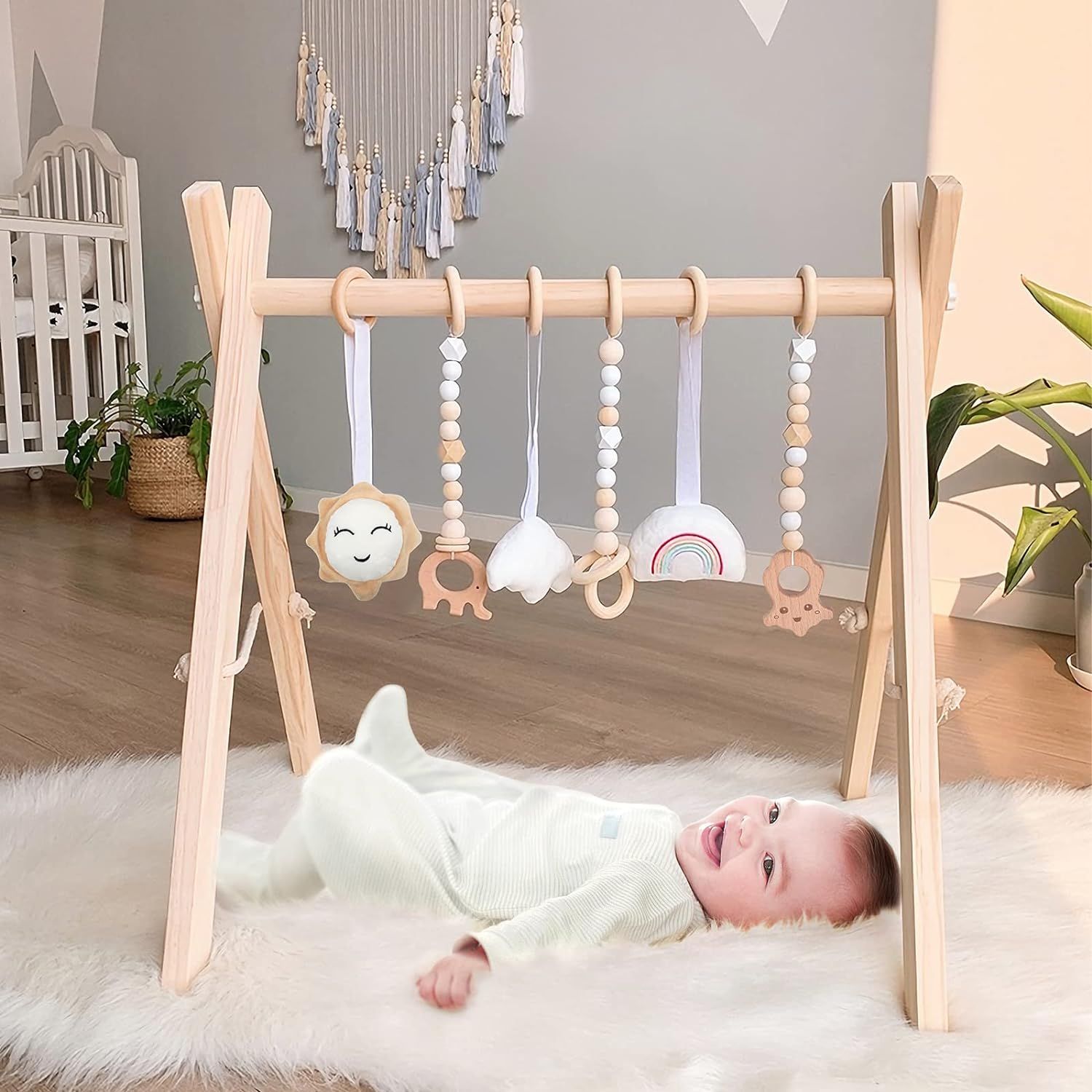 Wooden Baby Play Gym, WOOD CITY Foldable Baby Gym with 6 Hanging Sensory Toys for Infants Activit... | Amazon (US)