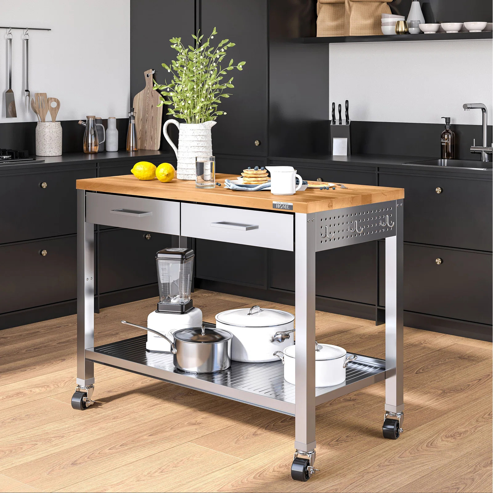 48'' Wide Stainless Steel Kitchen Rolling Cart Island with Solid Wood Top | Wayfair North America
