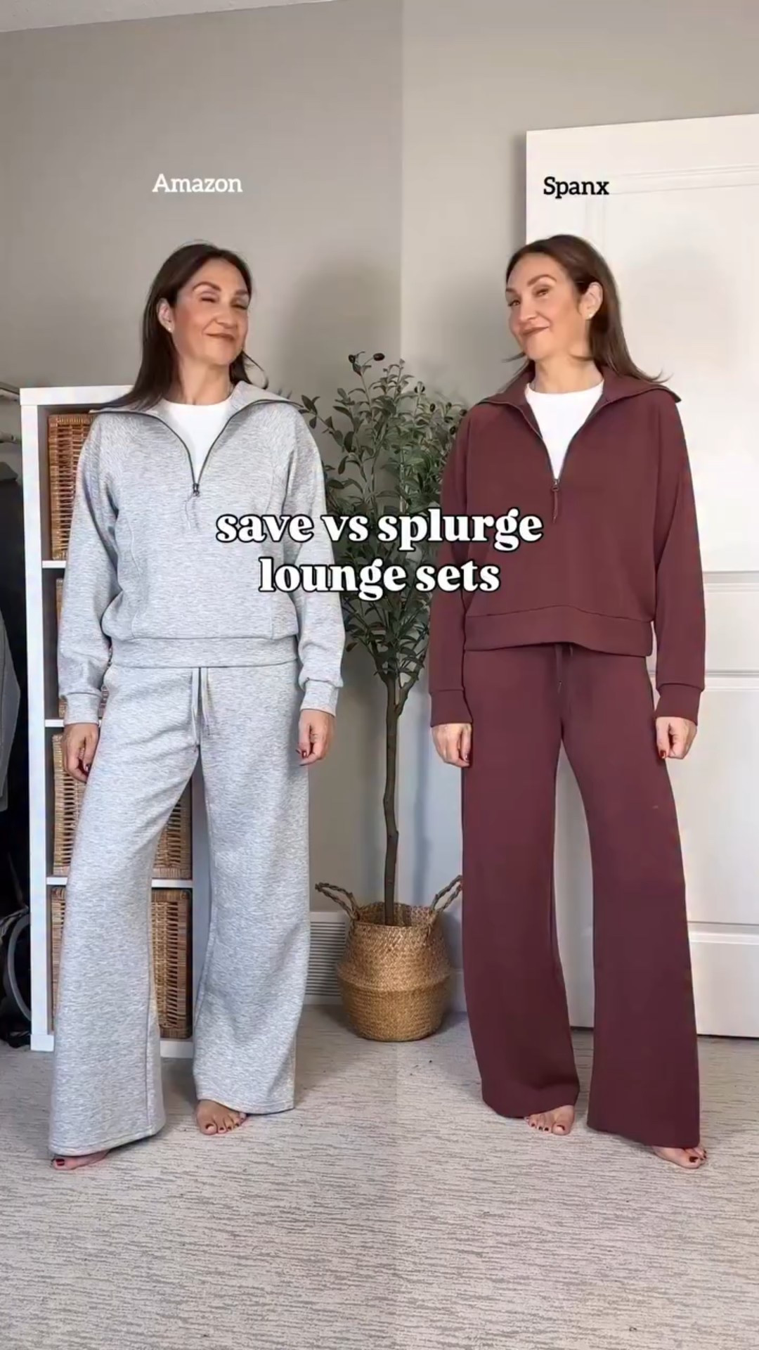Save vs splurge comfy lounge sets! [ad] These are so similar, the Spanx fabric is slightly softer but the pockets on the @suuksess sets sold me! Comment “link” for details, both are  still on sale for Black Friday! (Prices on screen are U.S. before sale prices) 

Lounge sets, air essentials, travel outfit