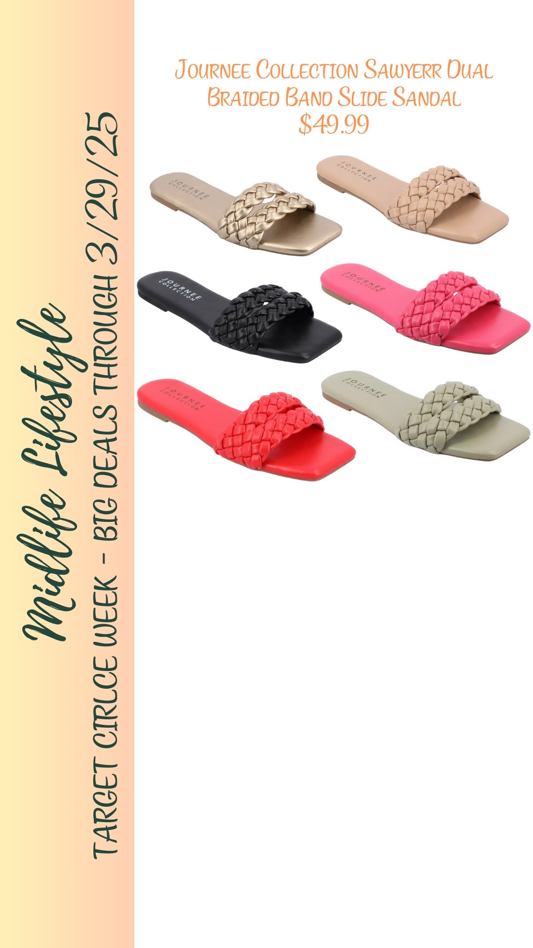 Step into summer with style and comfort! The Journee Collection Sawyerr Dual Braided Band Slide Sandal – just $49.99. 

Shop now during Target Circle Week, now through 3/29/25. 

#TargetStyle #LTKSale #SummerEssentials

#LTKSaleAlert #LTKShoeCrush
