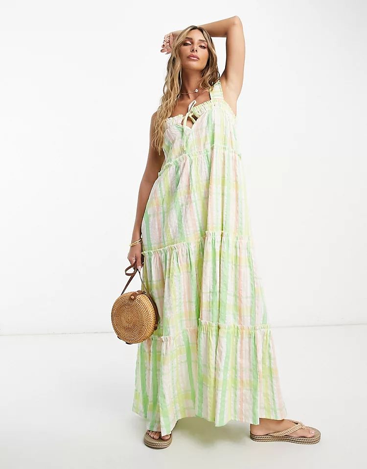 ASOS DESIGN raw edge tiered maxi sundress with tie detail in green check | ASOS (Global)