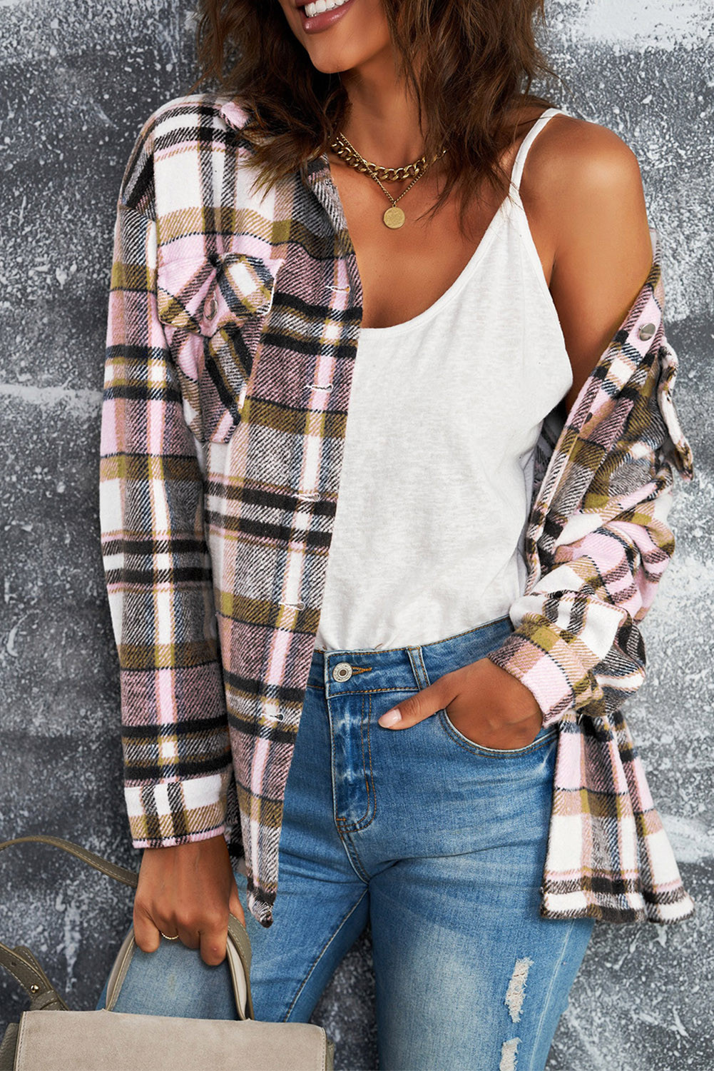 Flannel Button Up Long Sleeve Pink Plaid Shacket | Shewin