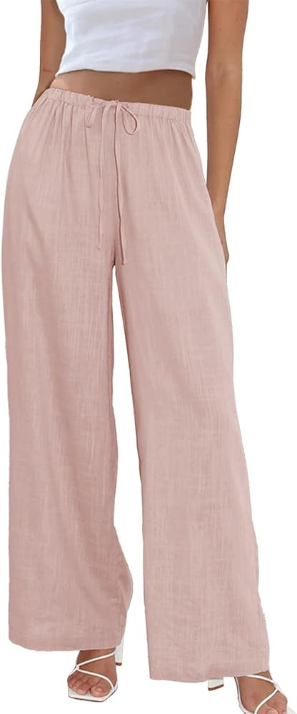 Duyang Womens Cotton Linen Palazzo Pants Drawstring Elastic Waist Casual Wide Leg Trousers with P... | Amazon (US)