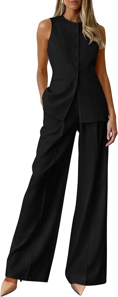 PRETTYGARDEN Women's 2 Piece Sets Summer 2026 Work Clothes Sleeveless Blazer Vest Pants Suits Spr... | Amazon (US)