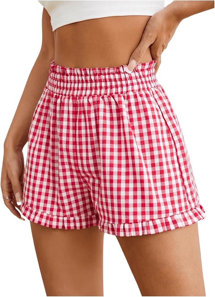 Milumia Women's Plaid Paperbag High Waist Ruffle Hem Casual Shorts | Amazon (US)