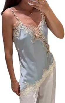 Women Lace Trim Satin High Low Tops Silk Spaghetti Strap Asymmetrical Side Split Cami Top Flowy S... | Amazon (US)