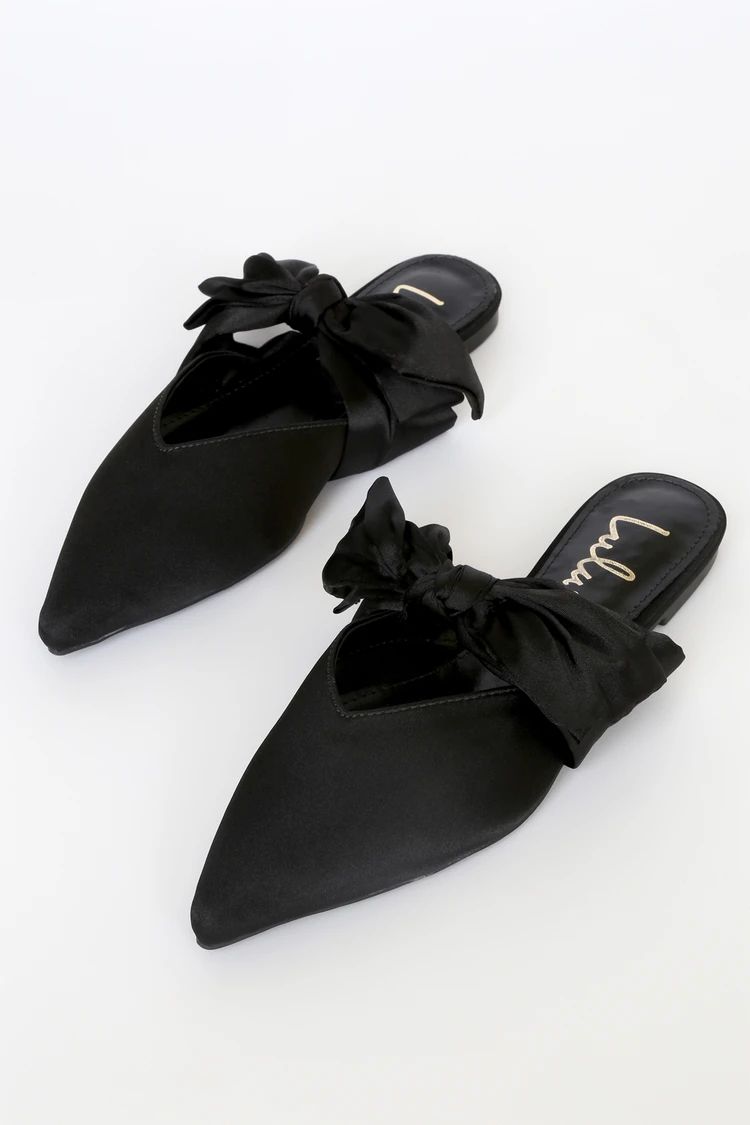 Sylviee Black Satin Pointed-Toe Bow Mules | Lulus (US)