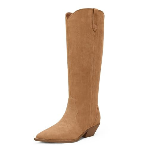 iiimmu Light Brown Women's Tall Boots Faux Suede Wide Calf Knee-High Boots with 2 IN Chunky Heel Pointed Toe Pull-On Style, size 9.5 | Amazon (US)