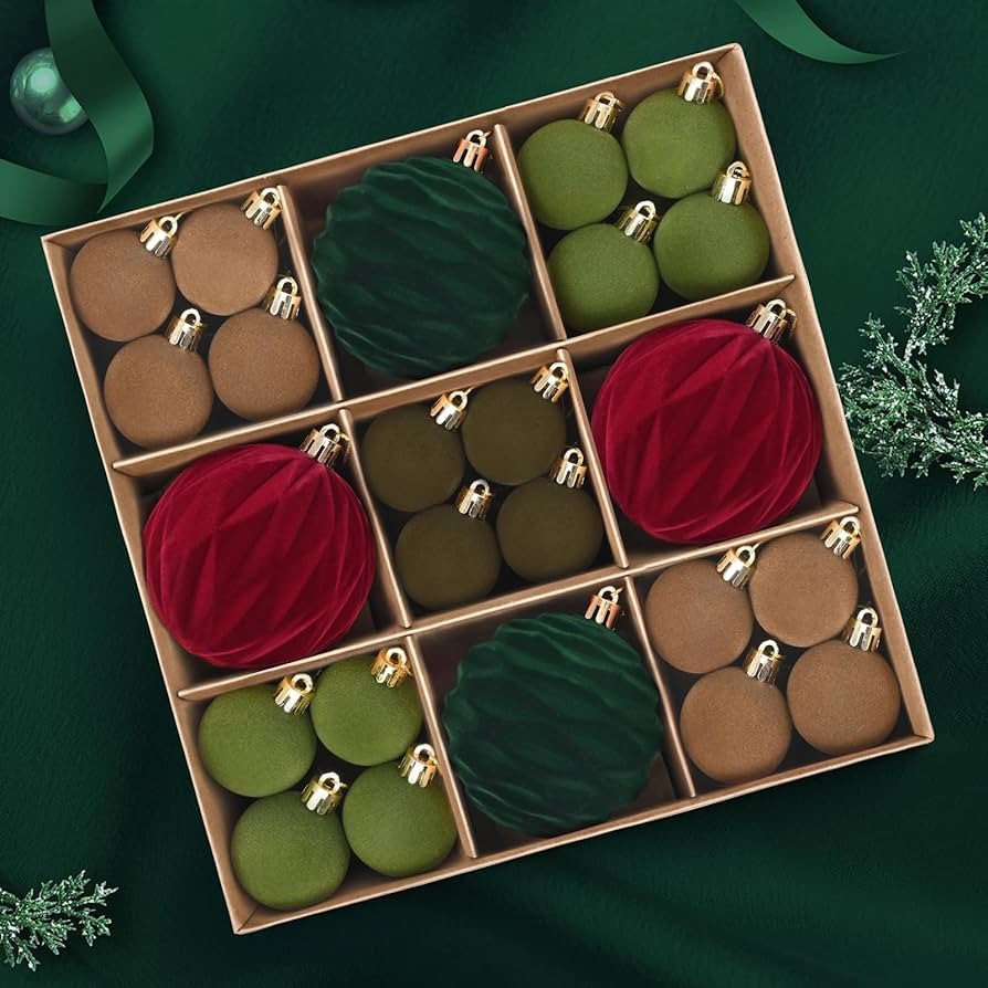 Uspring 44 Pcs Velvet Christmas Ornaments Set - 1.57 & 3.15 Inch Flocked Ornaments Shatterproof C... | Amazon (US)