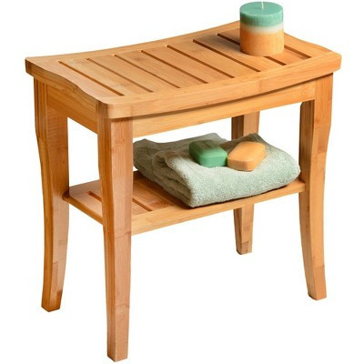 Bamboo Shower Bench Spa Stool - Wood 2-Tier Seat, Foot Rest Shaving Stool with Non-Slip Feet + Storage Shelf - Seat Organizer - Natural | Target