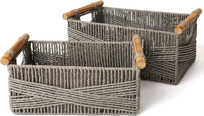 LA JOLIE MUSE Wicker Storage Baskets for Organizing, Recyclable Paper Rope Basket with Wood Handl... | Amazon (US)