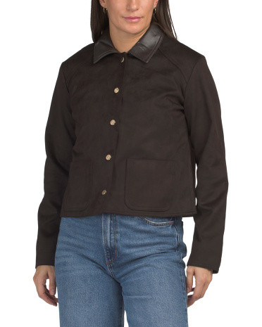 Faux Suede Jacket With Faux Leather Collar for Women | Polyester/Spandex/Leather | Marshalls