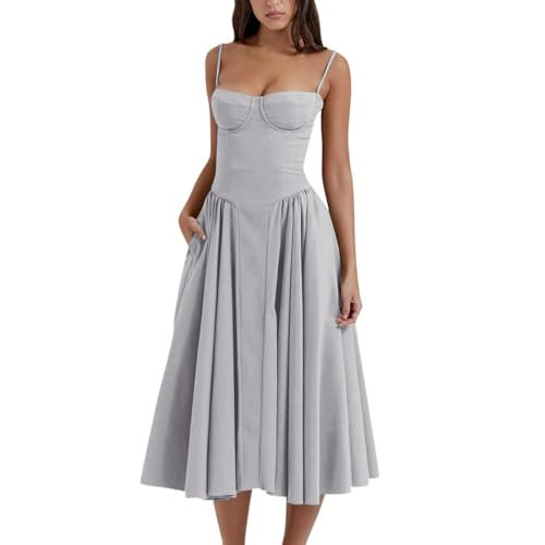 midi Dress Floral Womens Corset Dress Elegant Formal Spaghetti Strap Bustier Midi Dress Flowy Pleated Hem Low Cut Prom Dresses with Pockets Grey | Amazon (US)