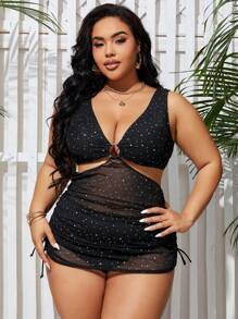 SHEIN Swim Curve Summer Beach Plus Size Polka Dot Printed Tankini Set With Circular Detail, Separ... | SHEIN