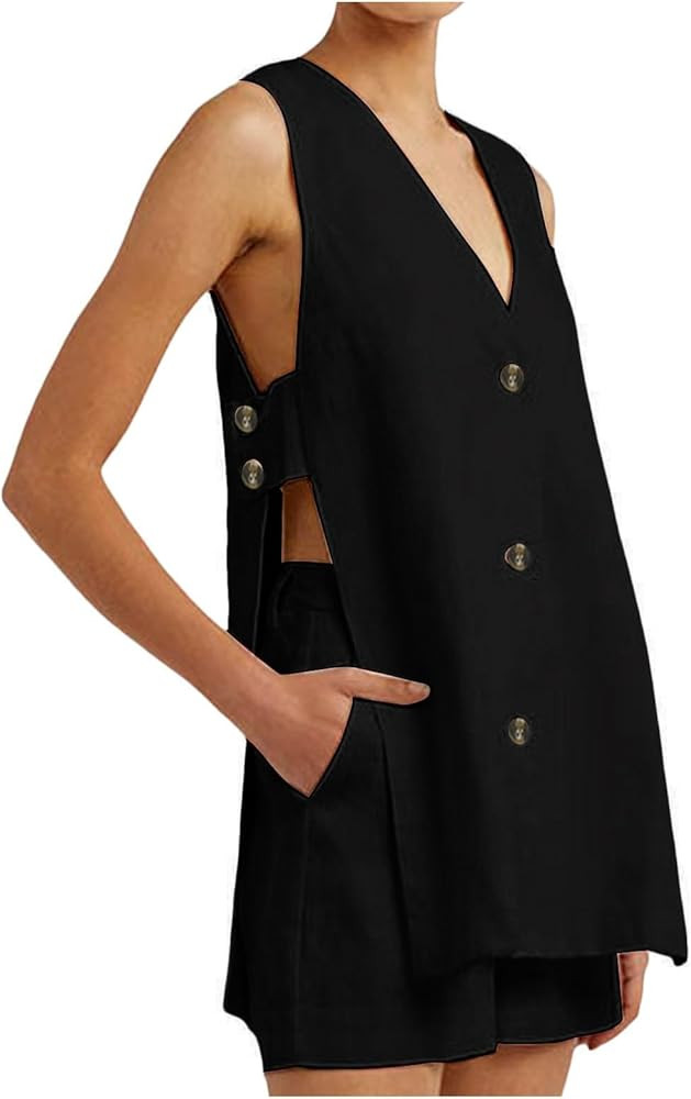 Sets for Women Clothing Two Piece Dressy Sleeveless V Neck Button Down Tank Waistcoat Pockets Sho... | Amazon (US)