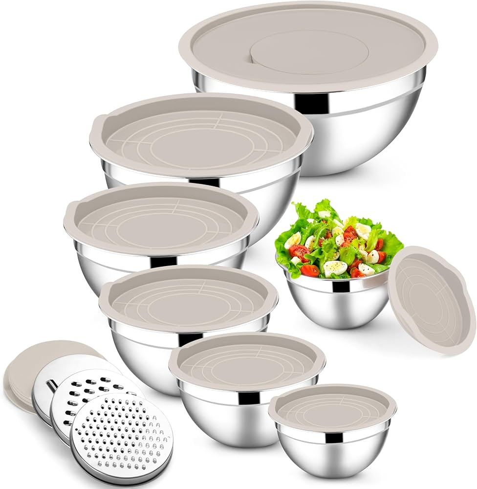 E-far Mixing Bowls with Lids Set, 7-Piece Stainless Steel Mixing Bowls with 3 Grater Attachments,... | Amazon (US)