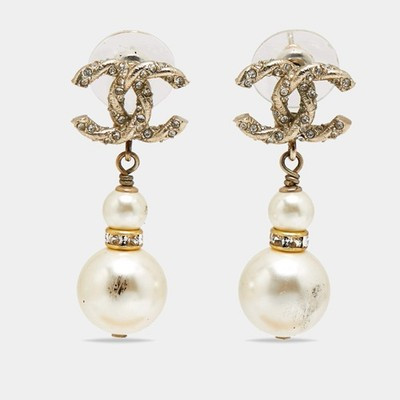 Chanel CC Faux Pearl Crystals Gold Tone Drop Earrings | eBay US