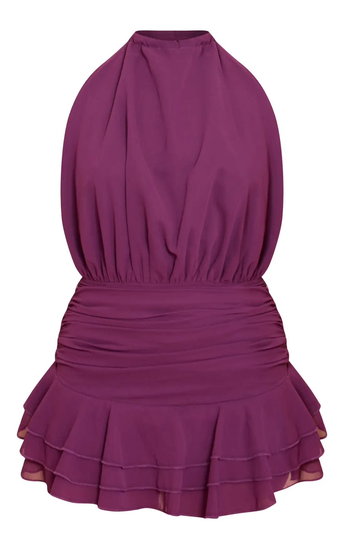Purple Chiffon High Neck Frill Playsuit | PrettyLittleThing US