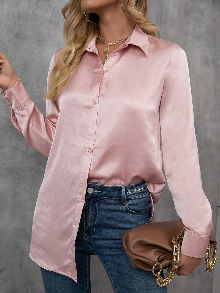 Solid Blouson Sleeve Satin Blouse | SHEIN