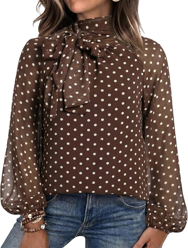 Lingswallow Women's Polka Dot Long Sleeve Blouses Bow Tie Neck Top Shirts | Amazon (US)