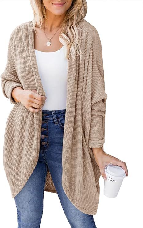 SYZRI Women's Waffle Knit Batwing Long Sleeve Cardigan Oversized Open Front Sweater with Pockets | Amazon (US)
