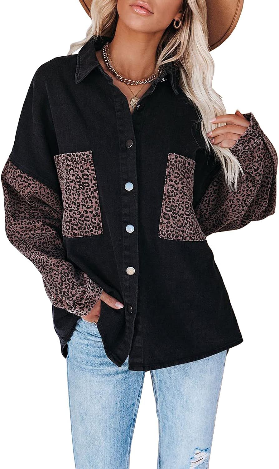 MIHOLL Womens Long Sleeve Button Down Casual Denim Lepard Print Shirt Jacket Tops | Amazon (US)