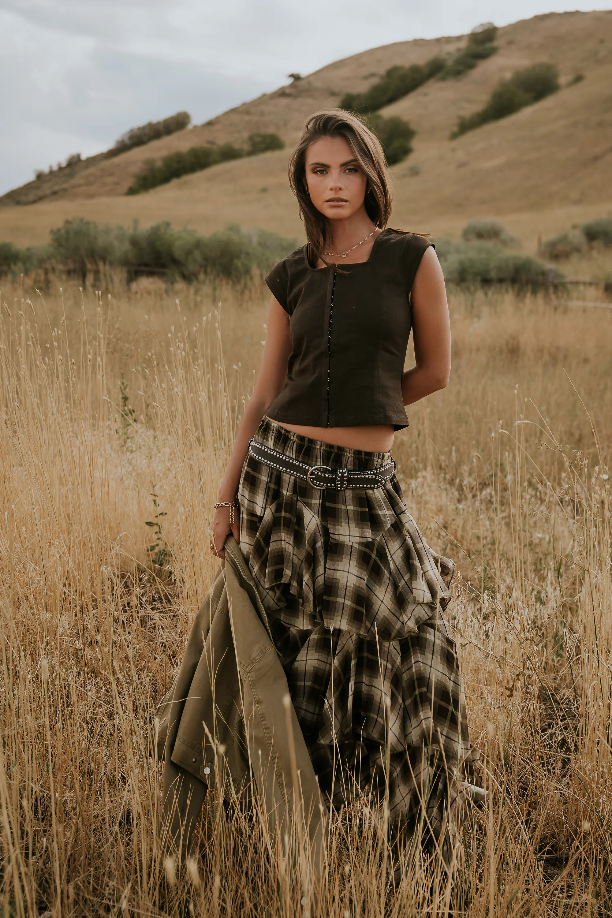 Allyson Plaid Ruffle Midi Skirt | Böhme US