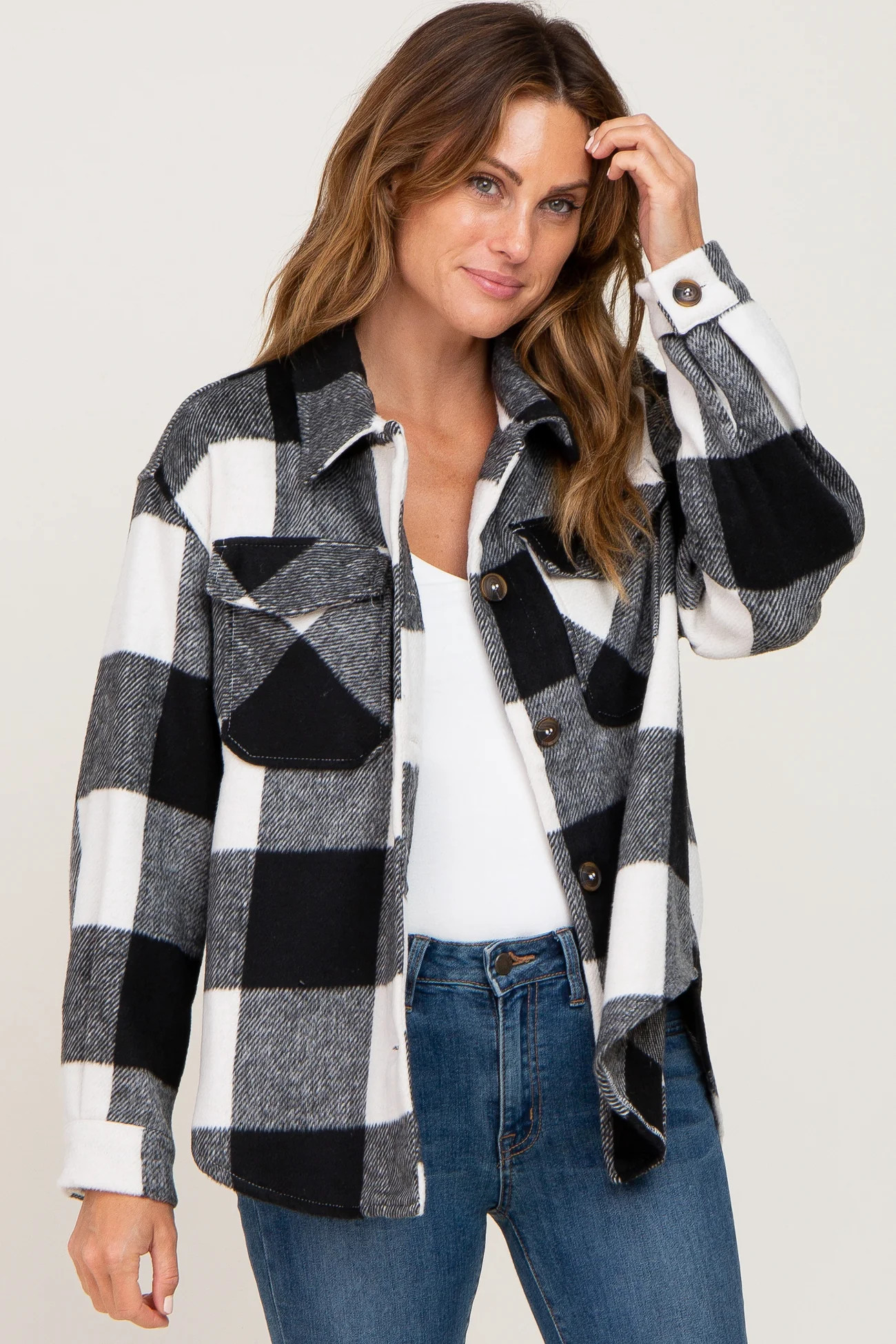 Beige Plaid Knit Shirt Jacket | PinkBlush Maternity