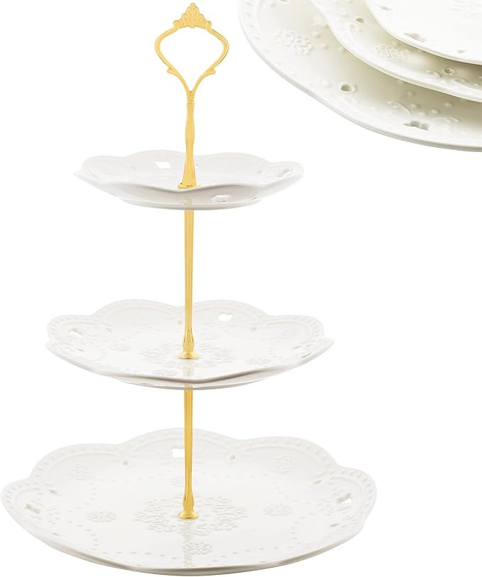 Nyxi Cake Stand Afternoon Tea 3 Tier White Ceramic Cake Stand Porcelain Round Display with New Go... | Amazon (UK)