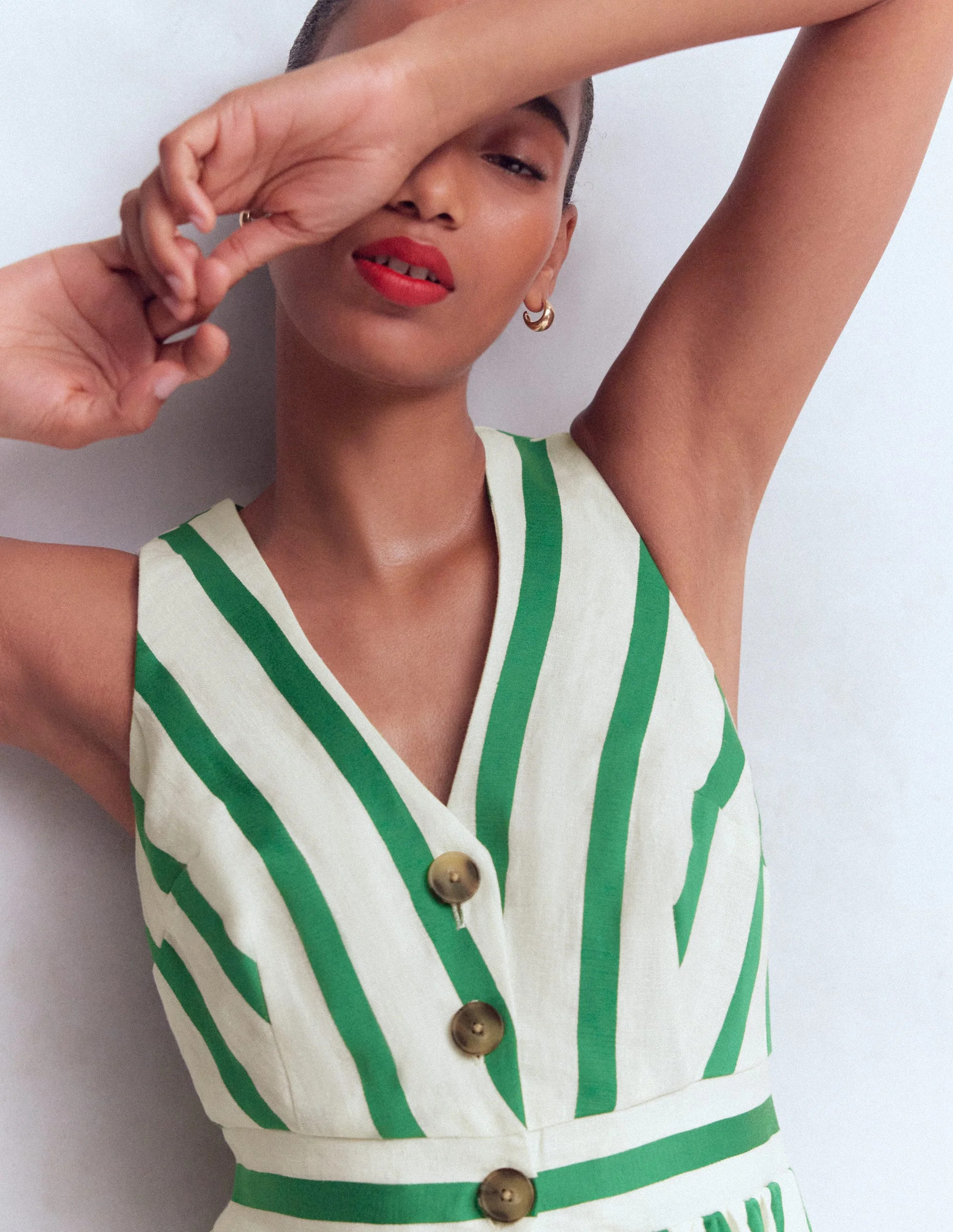 Catherine Button Linen Dress-Ivory and Green Satin Stripe | Boden UK