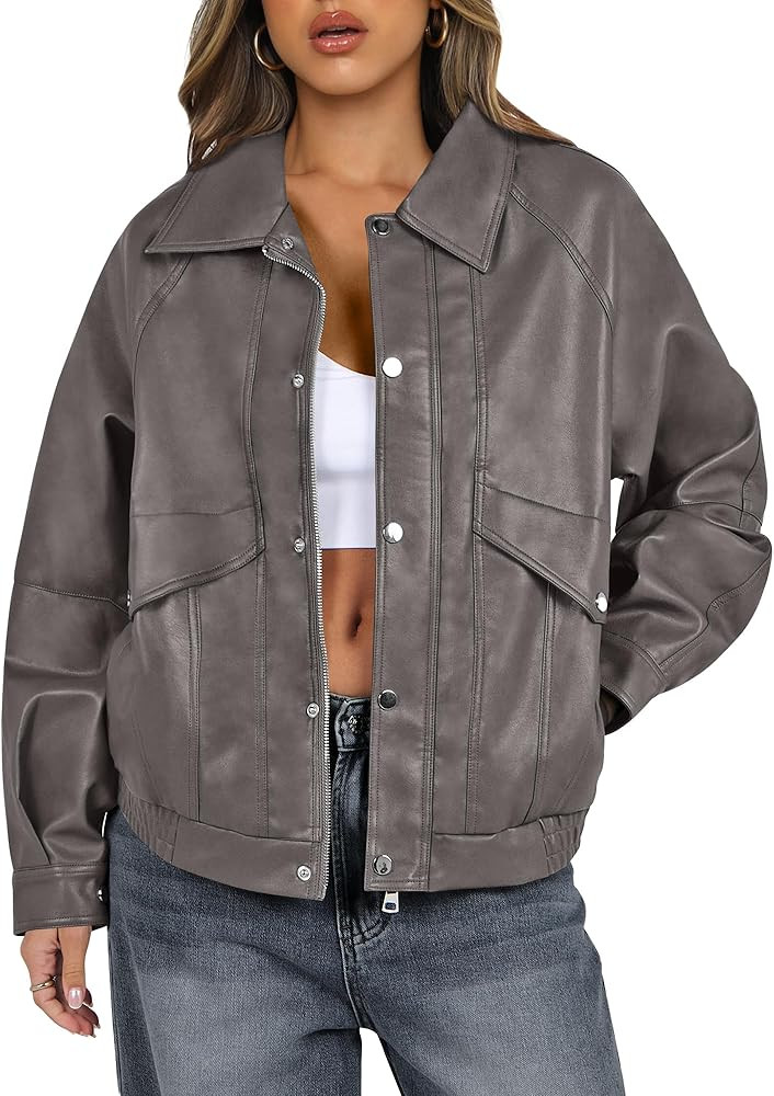 ANRABESS Women Faux Leather Jacket Long Sleeve Button Down Zip Up Motorcycle Biker Coat Fall Outf... | Amazon (US)
