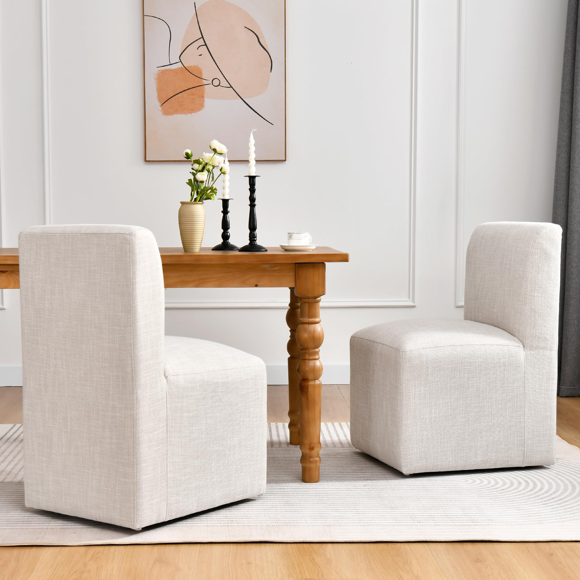 DUHOME Upholstered Dining Chair with Casters Set of 2,Armless Modern Rolling Linen Dining Chairs ... | Amazon (US)