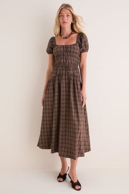 Mocha Multi Sweetheart Neck Puff Sleeve Midi Dress | Tuckernuck (US)