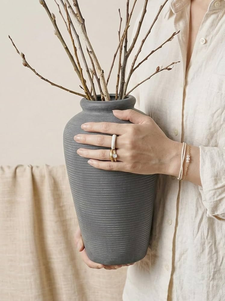 Black Ceramic Rustic Flower Vase,11 Inch Large Farmhouse Vases Home Decor Pottery Floral Vase Dec... | Amazon (US)