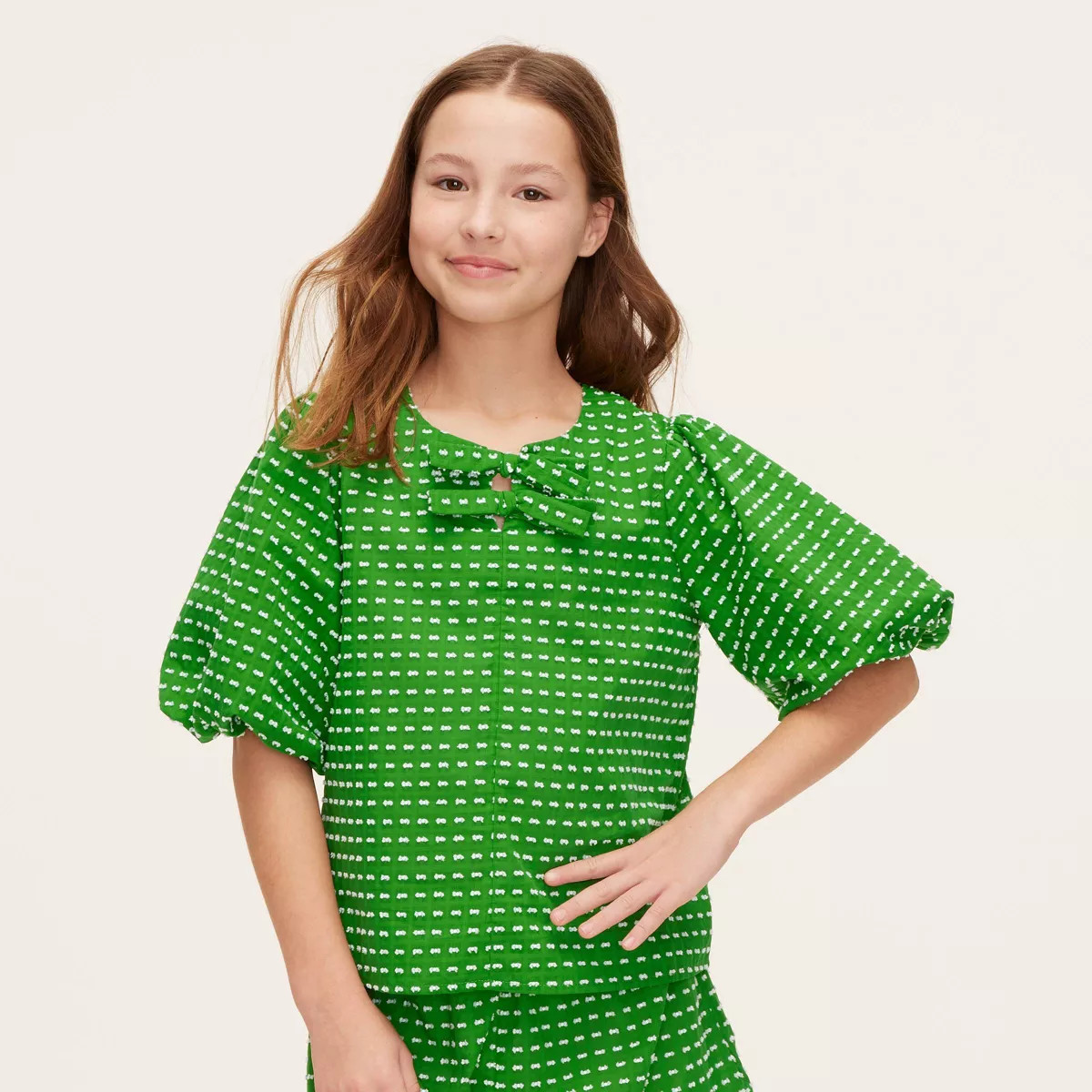 Girls' Textured Polka Dot Puff Short Sleeve Blouse - kate spade new york x Target Green | Target