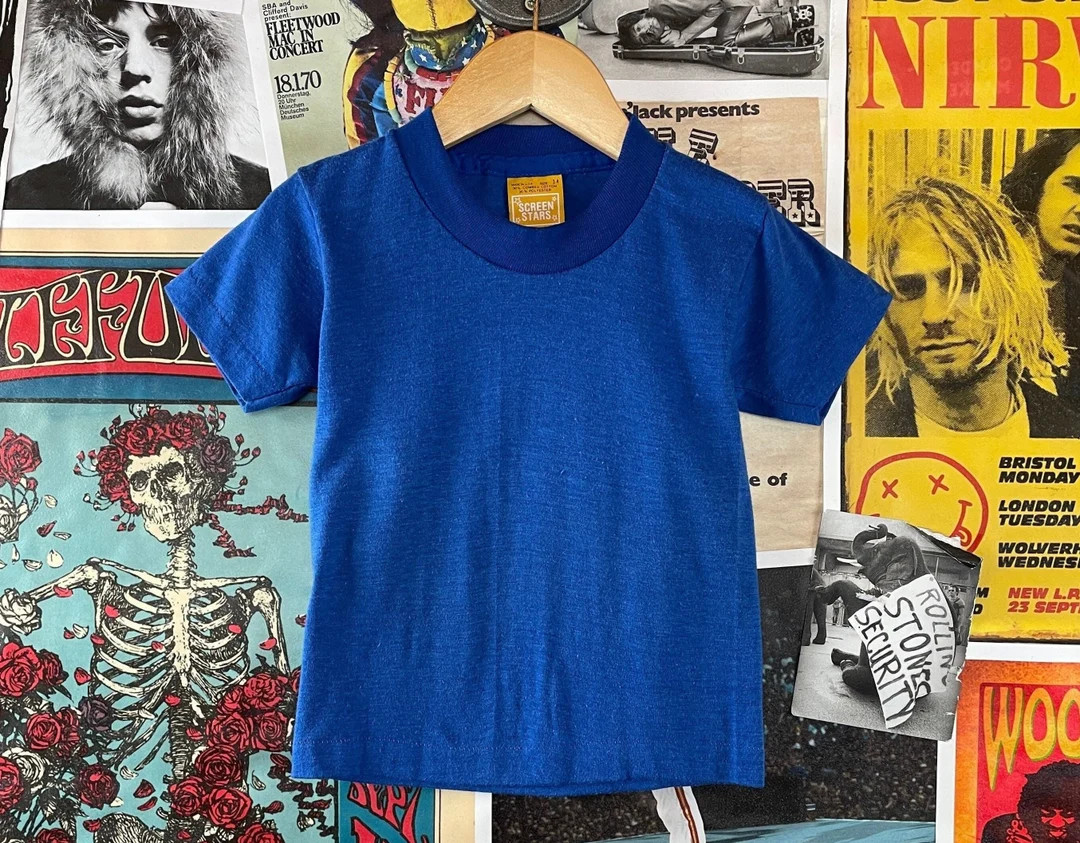 Vintage Toddler Kids 70s-80s Blue Two Tone Short Sleeve Screen Stars Single Stitch Blank Ringer C... | Etsy (US)