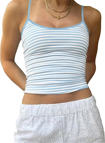 Cioatin Women Y2K Sleeveless Striped Spaghetti Strap Crop Cami Tank Backless Slim Fit Aesthetic G... | Amazon (US)