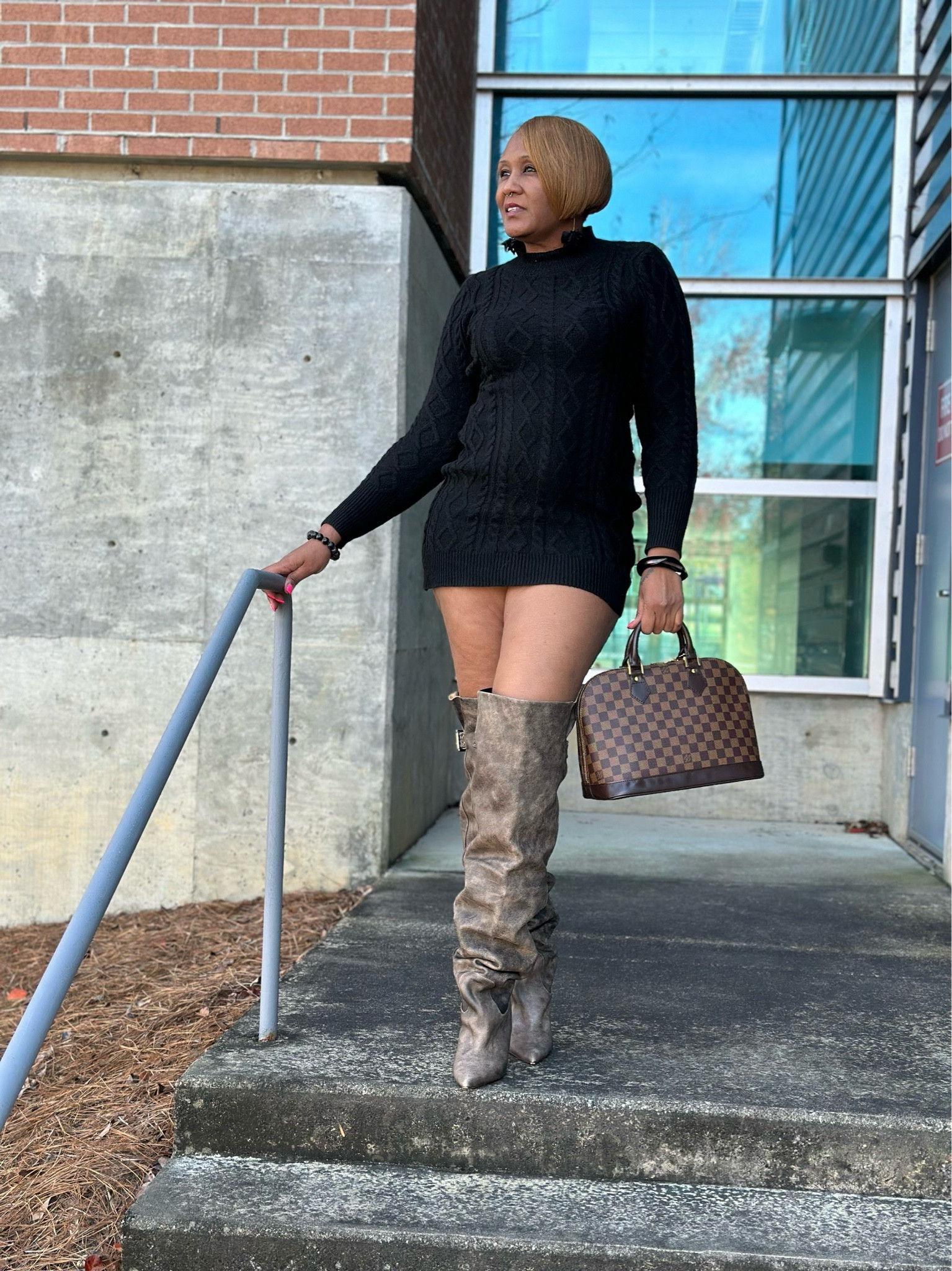 Cable Knit Backless Sweater Dress and otk Steven Madden Baddie Boots