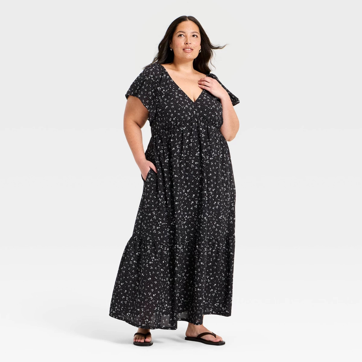 Women's Flutter Short Sleeve Floral Maxi A-Line Dress - Universal Thread™ Black 2X | Target