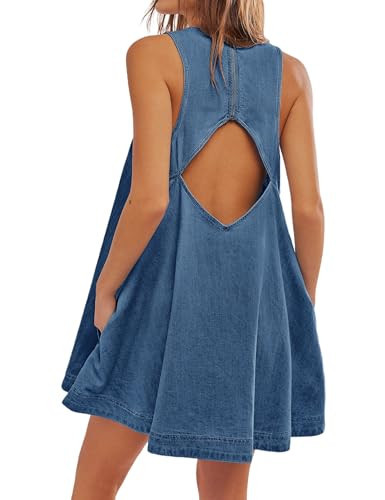 TBETNE Women’s Denim Dress Summer Casual Sleeveless Jean Mini Dresses with Pockets(Dark Blue, M) | Amazon (US)