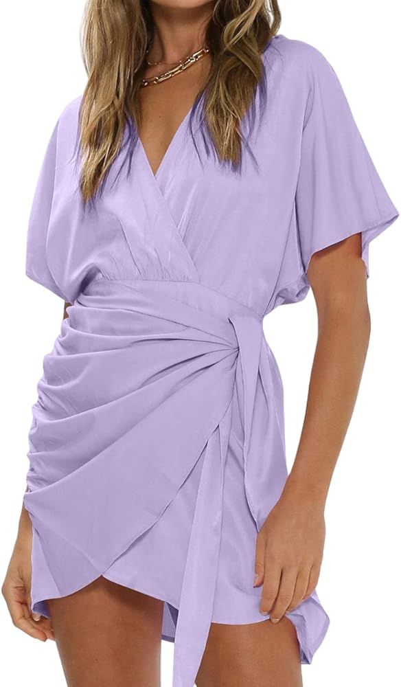 NERLEROLIAN Women's Wrap Dress Casual Relaxed Sleeve Side Tie Waist Crossover V Neck Mini Dresses | Amazon (US)